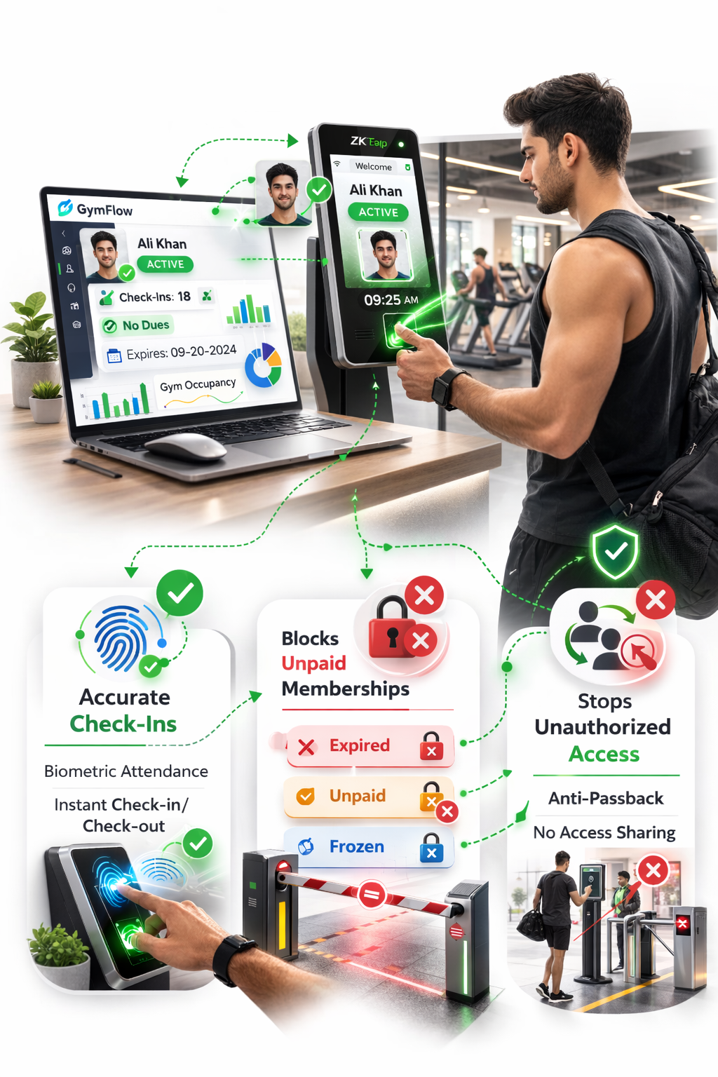 Gym biometric attendance software with ZKTeco fingerprint and face recognition for secure access control