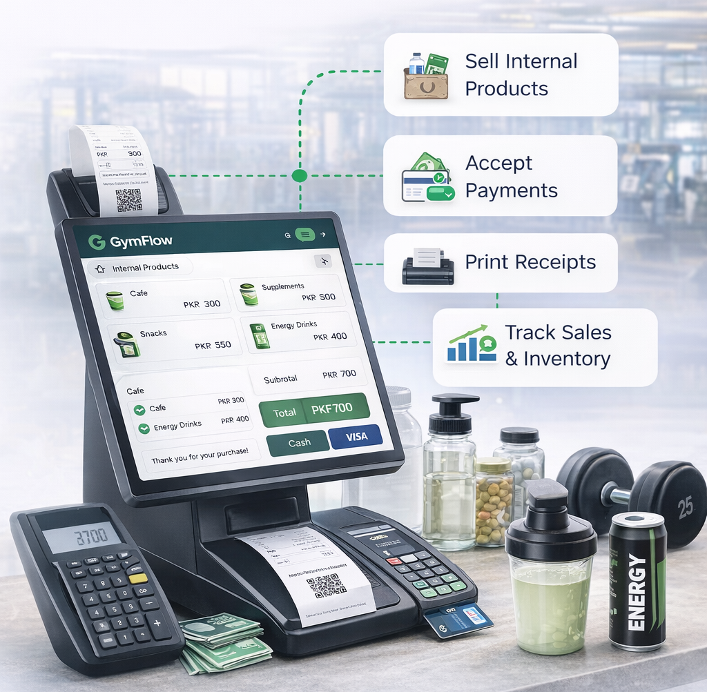 Illustration of a gym staff managing POS billing on a computer